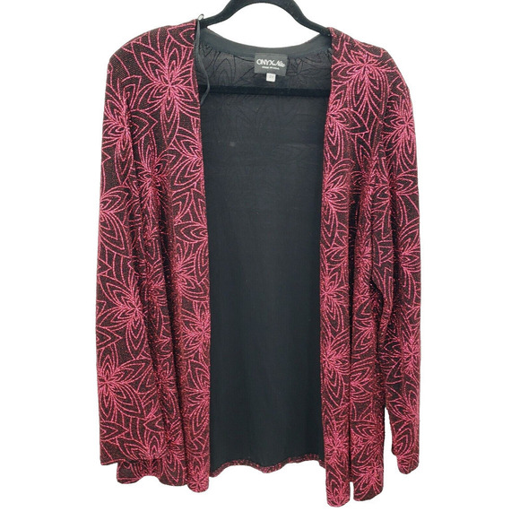 Onyx Nite Evening Wear Glitter Floral Print Cardigan Womens 2x Black Pink Open - Picture 1 of 12
